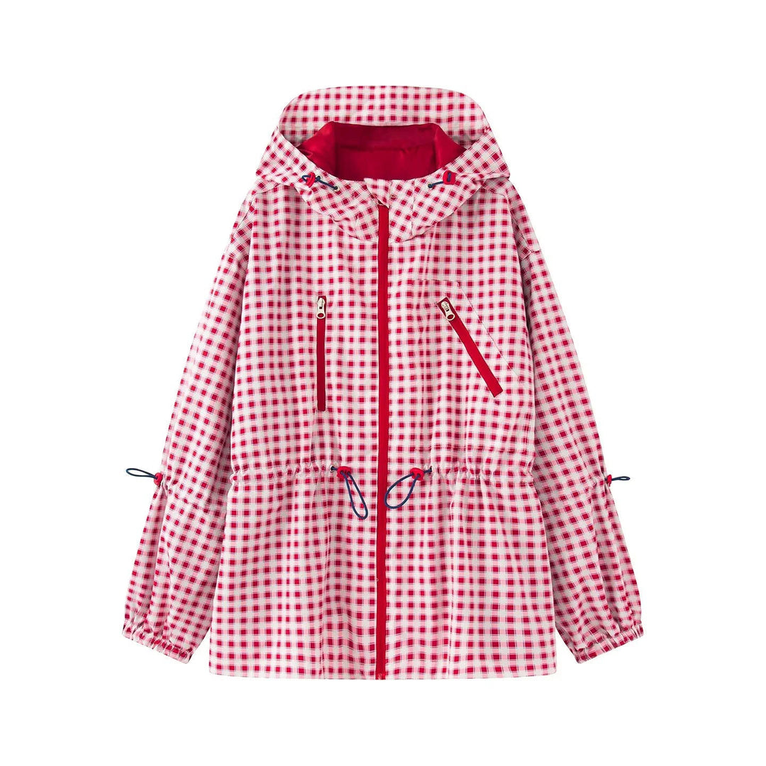 Dam Rutig Rain Parka med Huva, Midja med Dragsko och Diagonal Zippered Fickor
