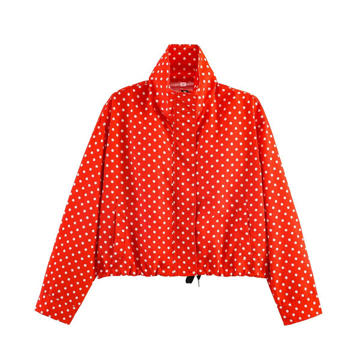 Dam Dotted Kort Jacka med Stå Krage, Dold Front Knäppning och Drawstring