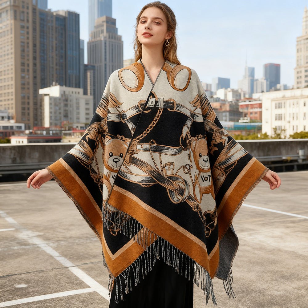 Dam Jacquard-capeponcho med Teddy Motif, oversized silhuett och fransfåll