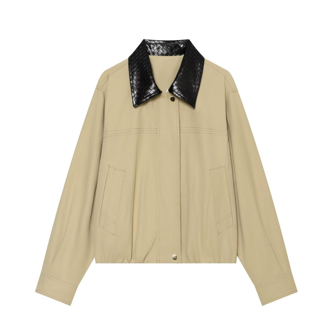 Dam Lätt Oversize Blouson Jacka med Contrasting Embossed Faux Läder Krage