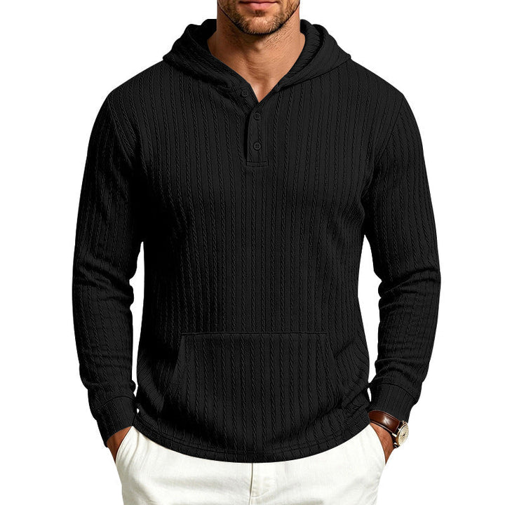 Herr med Huva Henley Pullover med Cable Stickad Structure, Känguruficka och Ribbstickade Muddar