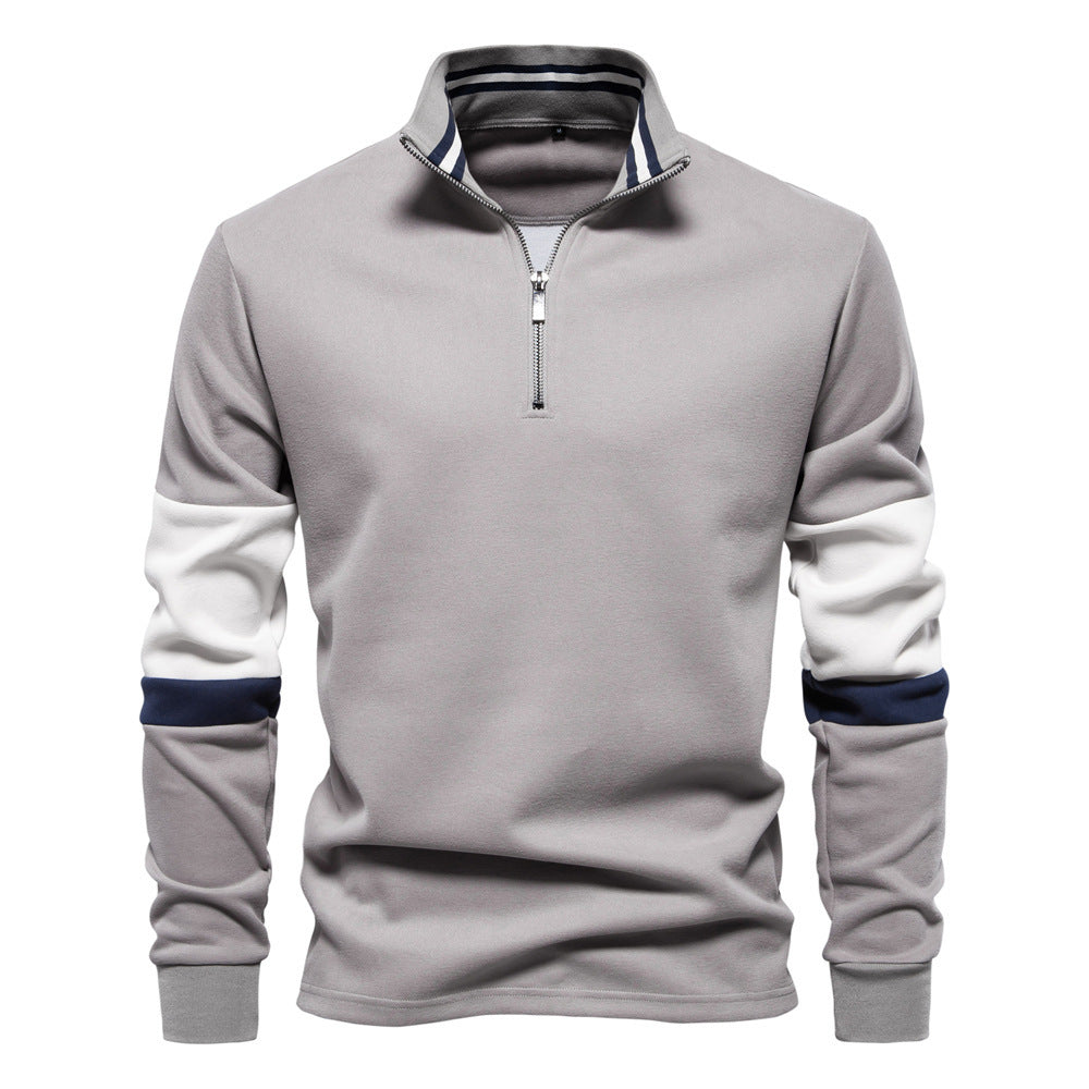 Herr Halv Dragkedja Pullover med Ståkrage, Randig Krage Inner Band och Contrast Ärmar
