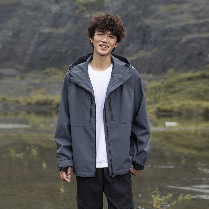 Herr Teknisk Regn Softshell Jacka med Huva, Dragkedja och Justerbar Fåll