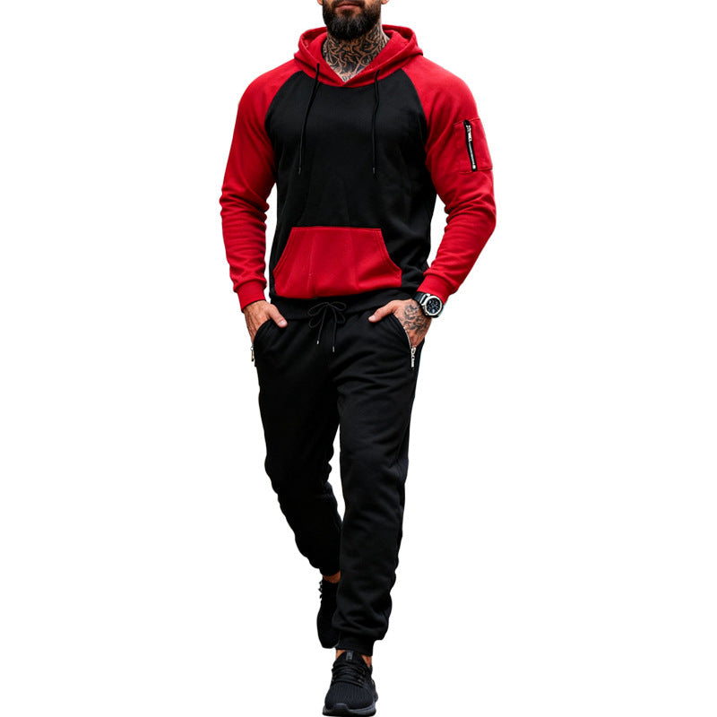 Herr Two-Piece med Huva Sweat Set med Raglanärmar, Ärm Dragkedja Ficka, och Tapered Jogging Byxor