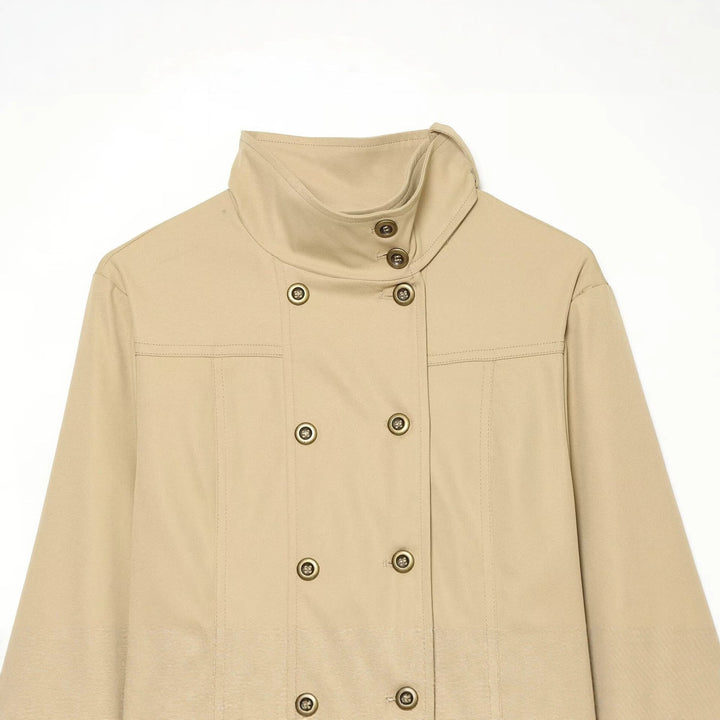 Dam Kort Utility-Stil Blouson med Hög Stå Krage och Double-Breasted Knapp Knäppning