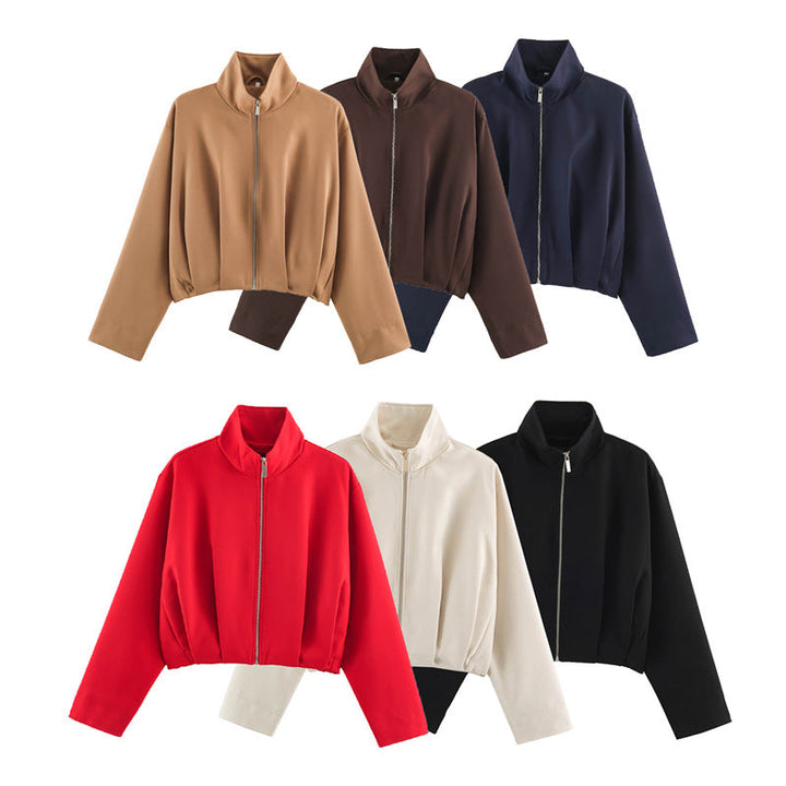Dam Boxig-Kort Blouson Jacka med Hög Stå Krage och Fitted Elastic Waistband