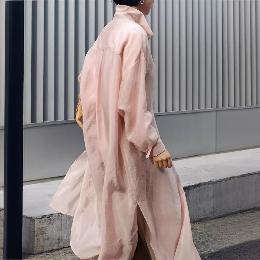 Dam lång Satin Effect Duster med Stand krage, oversized skärning och Deep Side Slits