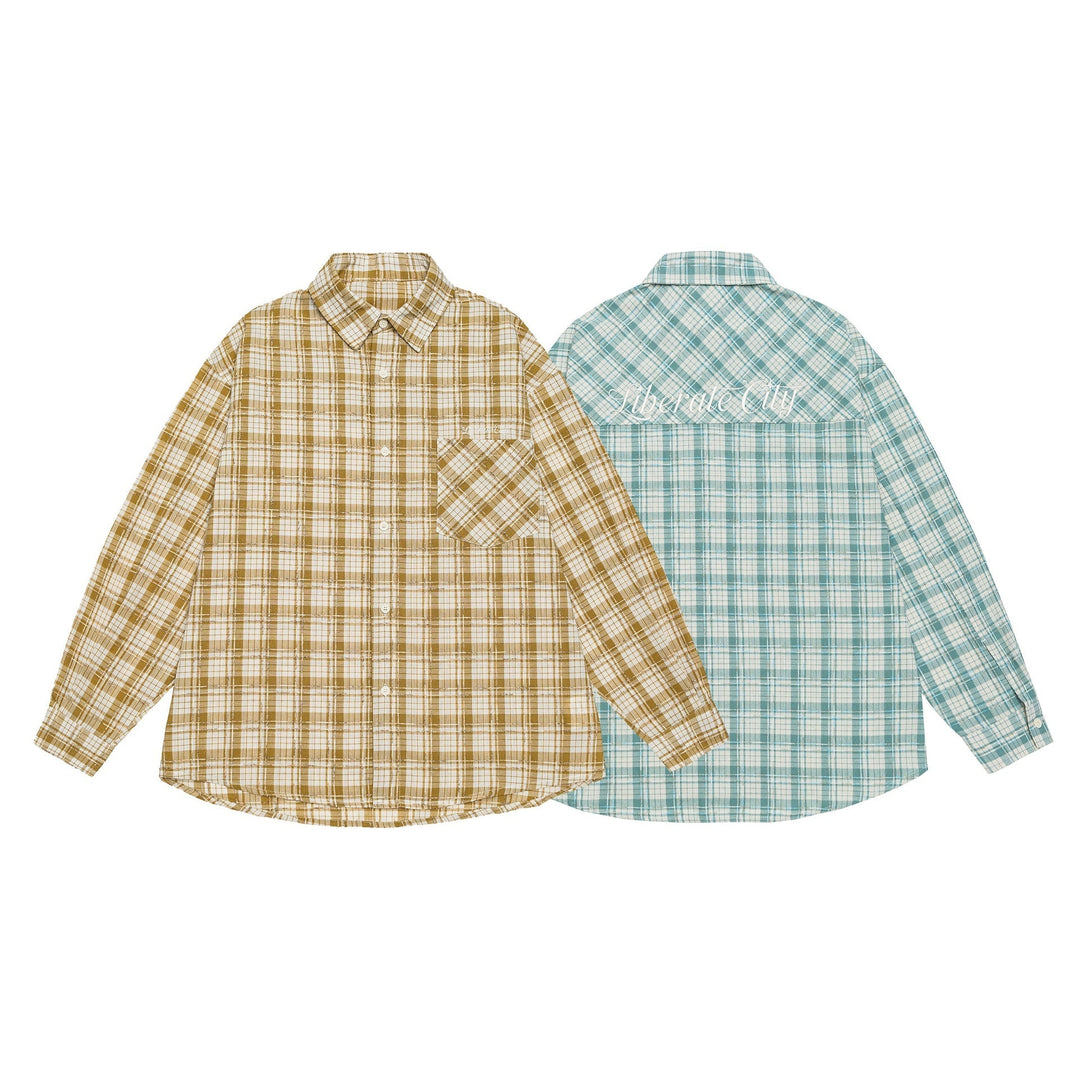 Unisex Oversized Skjorta Jacka i Rutig Bomull Look med Rounded Fåll och Breast Ficka