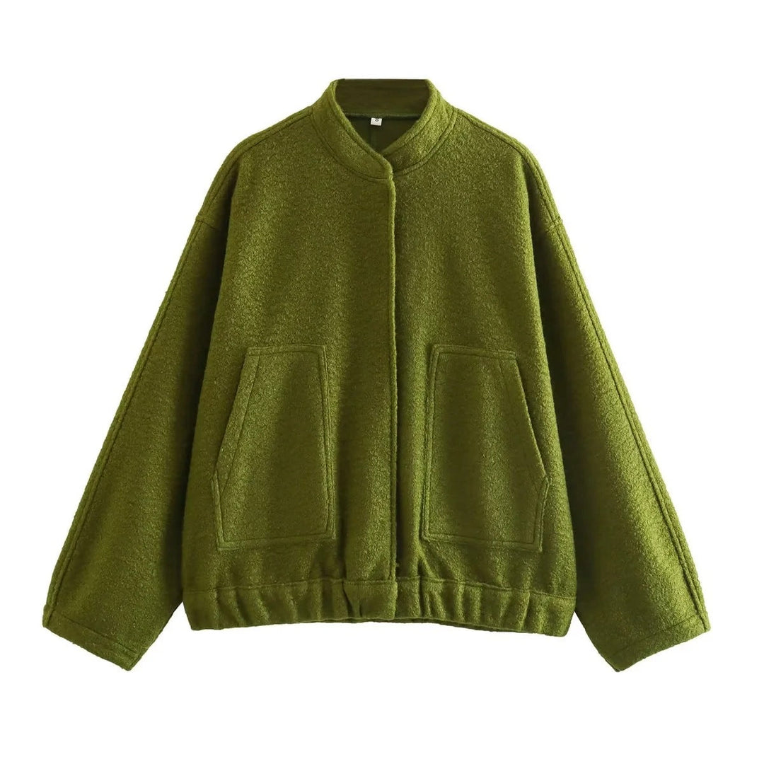 Dam Oversize Fleecejacka med Stå Krage, Patch Front Fickor, och Elastic Nederkant