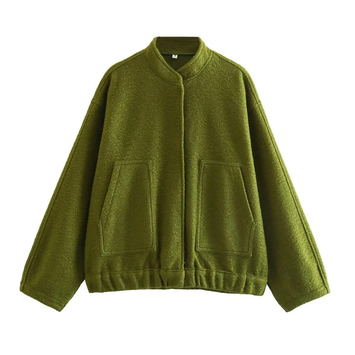 Dam Oversize Fleecejacka med Stå Krage, Patch Front Fickor, och Elastic Nederkant
