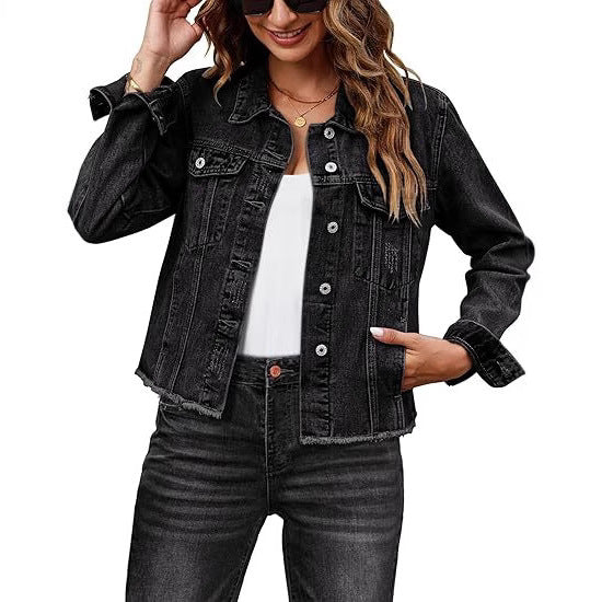 Dam kort skärning denimjacka med Frayed fåll och bröstfickor