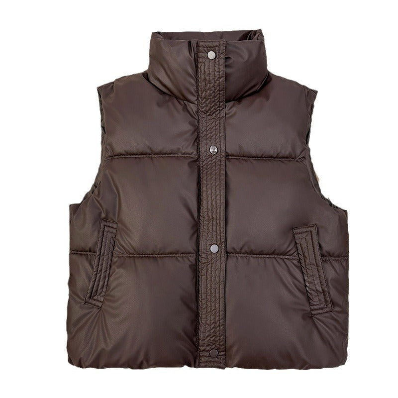 Dam Sleeveless Vadderad Quiltad Väst med Hög Ståkrage och Dragsko