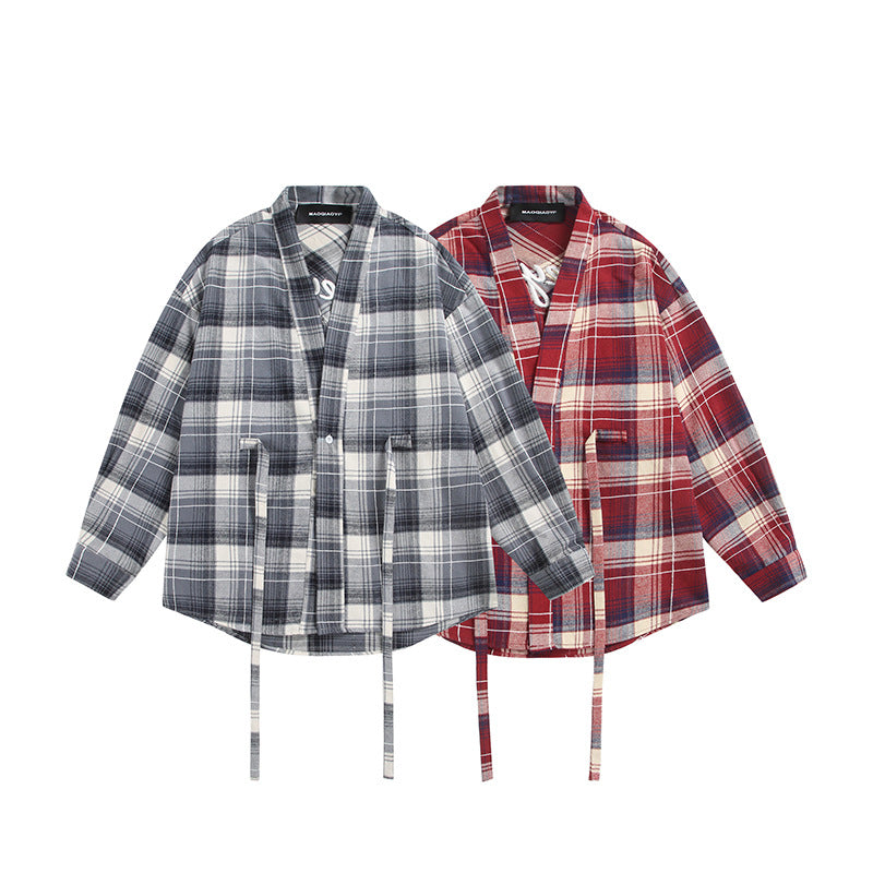 Dam Oversized Check Skjorta Jacka med Kimono Skärning, Dragsko Ties och Utanpåfickor
