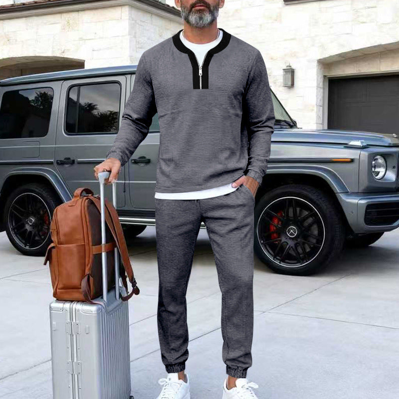 Herr Lätt Henley Loungewear Set med Contrast Krage, Dragsko Joggingbyxor och Elastiska Muddar