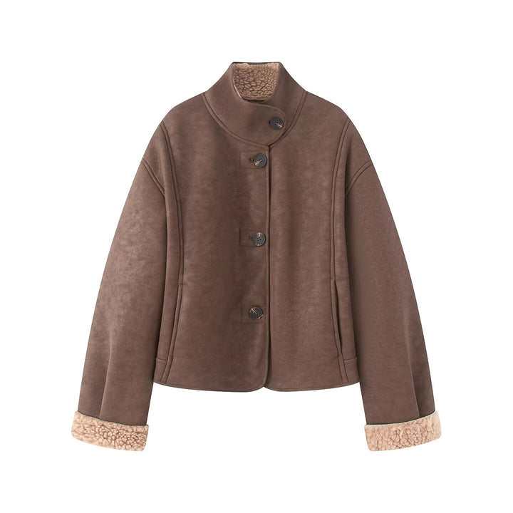Dam Kort-Skärning Artificial Lambskin Jacka med Ståkrage, Knapp Stängning, och Foldable Faux-Fur Muddar