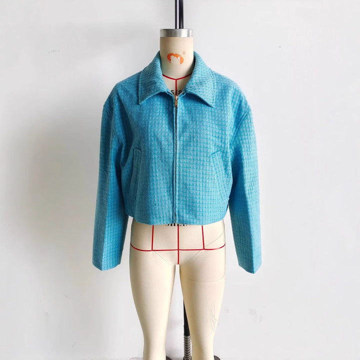 Dam cropped boxy tweed jacka med skjortkrage, concealed dragkedja och piped fickor