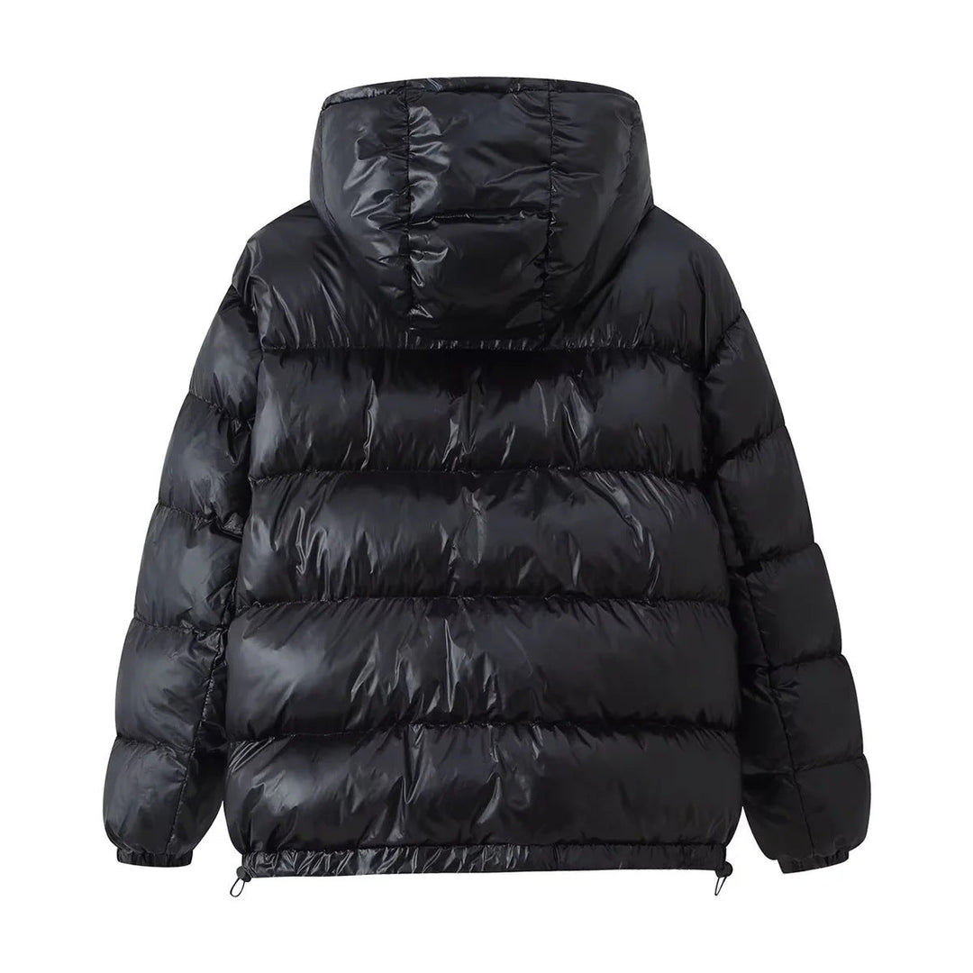 Dam vadderad hooded jacka i down look med drawstring fåll och dragkedja fickor