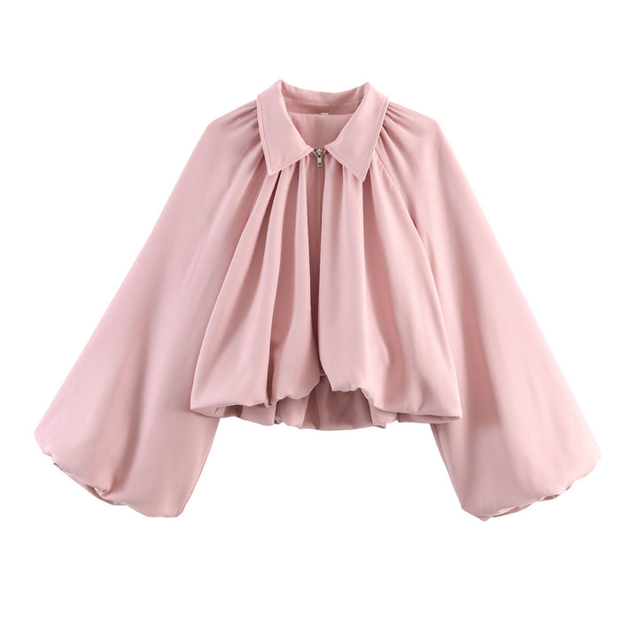 Dam Kort Cape Jacka med Voluminous Balloon Ärmar, Stå Krage och Dragkedja
