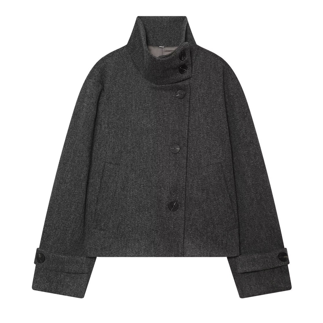 Dam Kort Ull Blouson Kappa med Hög Stå Krage och Knapp Knäppning