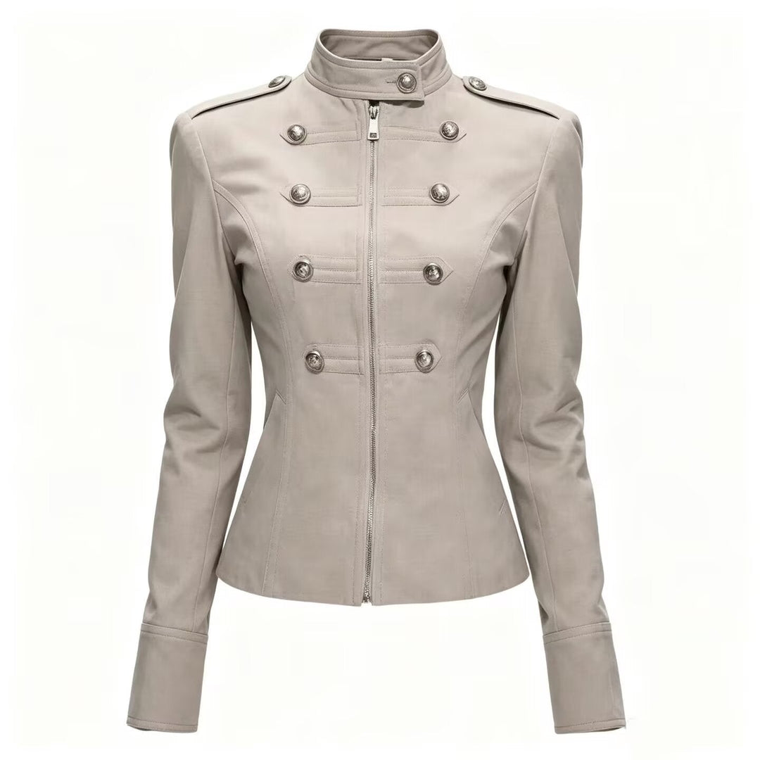 Dam Tailored Military-Inspired Jacka med Stå Krage, Dekorativ Knapp Row och Dragkedja