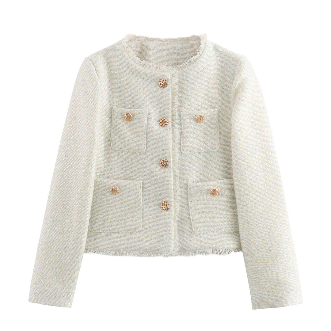 Dam kastiger Boucle blazer jacka med decorative braided knappar, påsydda fickor, och fringed fåll edge