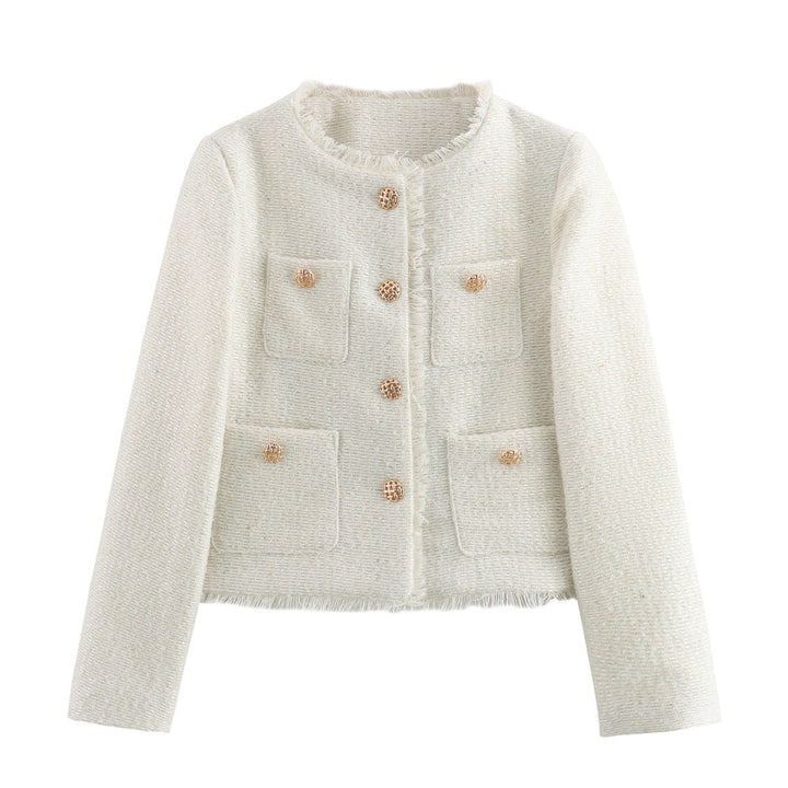 Dam kastiger Boucle blazer jacka med decorative braided knappar, påsydda fickor, och fringed fåll edge