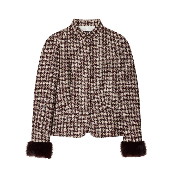 Dam Kort-Skärning Bouclé Tweed Jacka med Ståkrage, Concealed Knapplist, och Mjuk Konstpäls Muddar