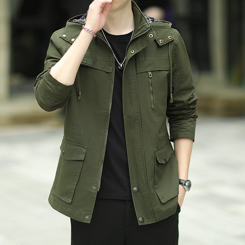 Herr Lätt Canvas Parka i Fält Stil med Huva och Multifunctional Fickor
