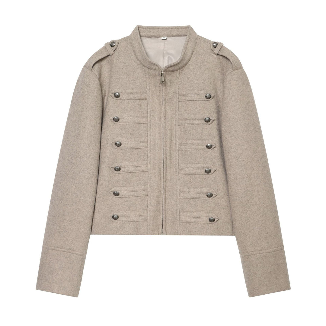 Dam military-inspired ulljacka med ståkrage, decorative knäppning och epaulettes
