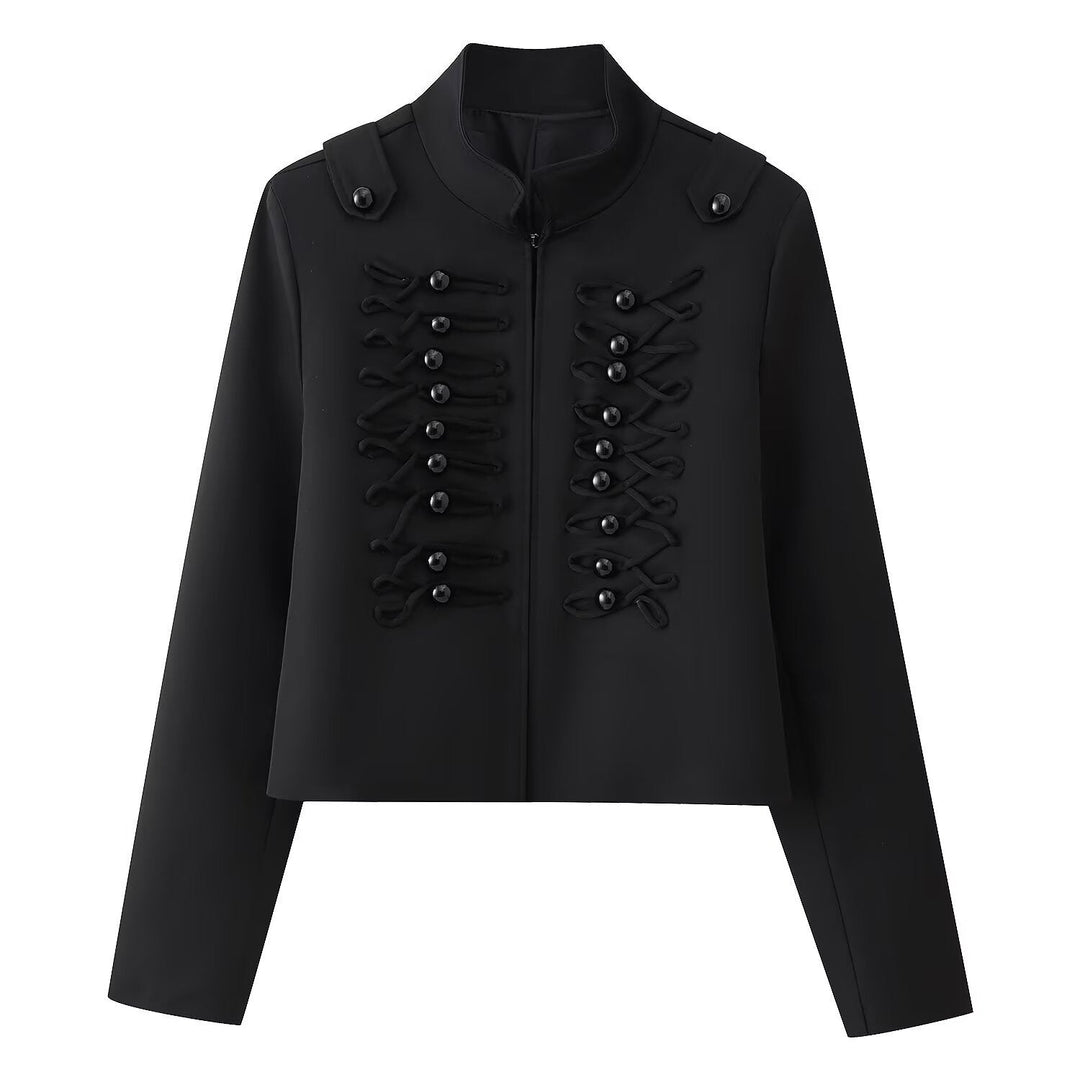 Dam Kort Uniform-Inspired Jacka med Stå Krage och Dekorativ Cord Applications