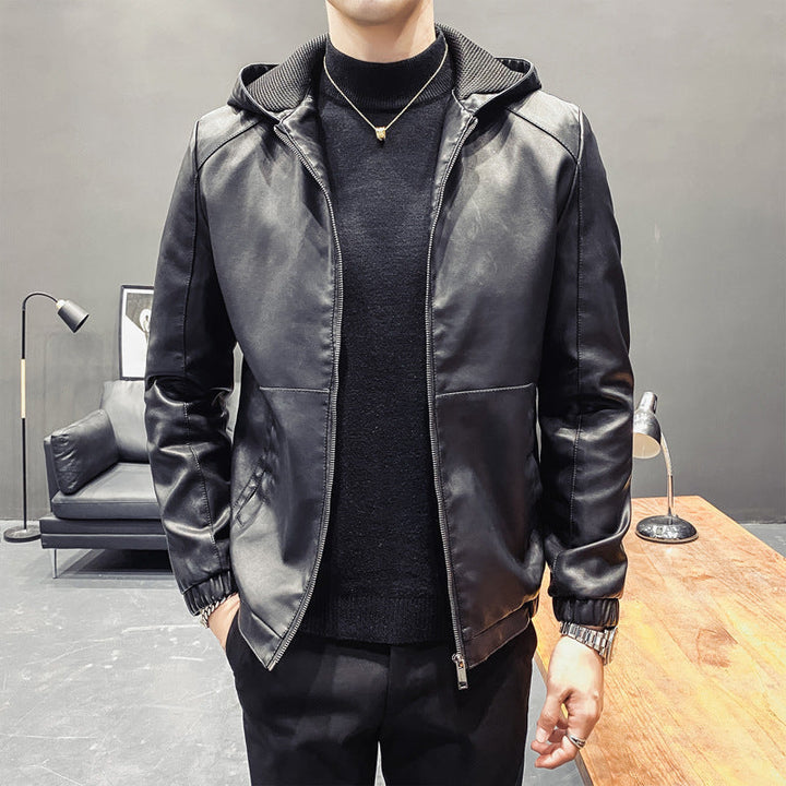 Herr Leatherette med Huva Blouson med Mesh Inre Huva, Smal Siluett och Hel Dragkedjaper