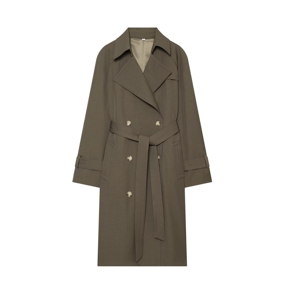 Dam lång double-breasted trenchcoat med knytband och raglan ärmar