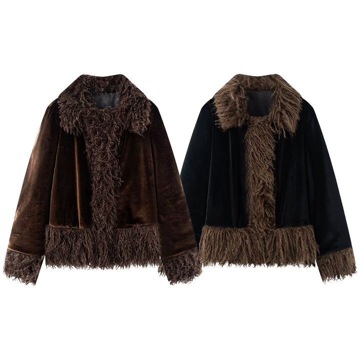 Dam Kort Jacka med Faux Fur Kant, Velvet Look och Fringed Nederkant