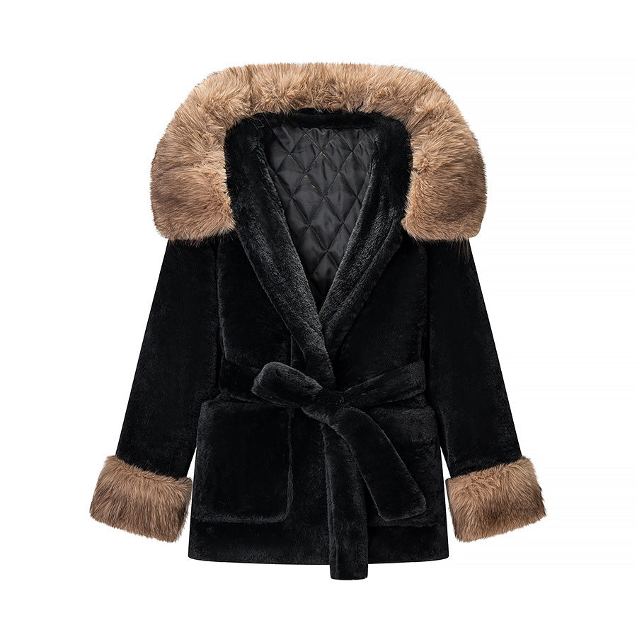 Dam kort teddy Faux Fur kappa med huva, kviltad foder och Ties