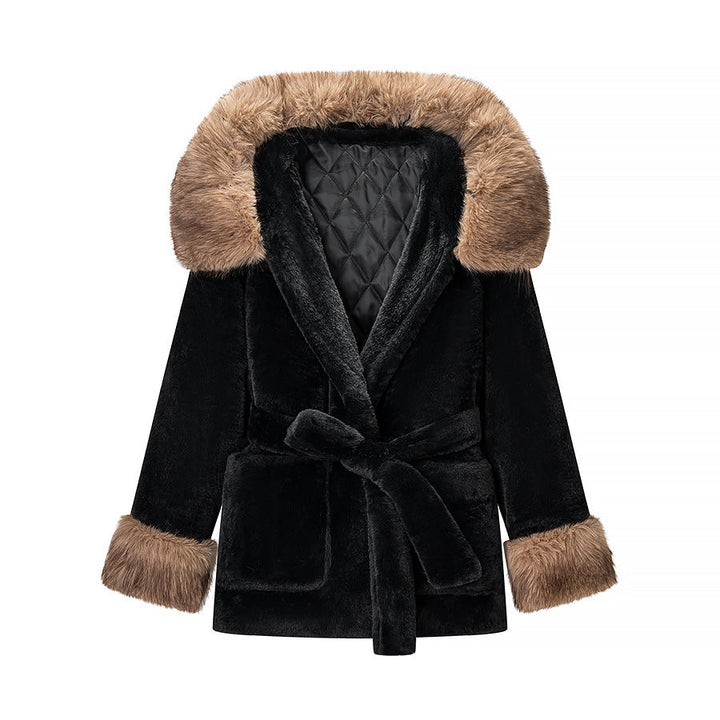 Dam kort teddy Faux Fur kappa med huva, kviltad foder och Ties