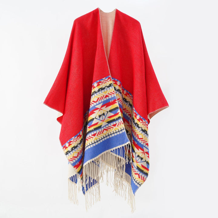 Dam V-krage Wrap poncho i kimono stil med Ethno kant och fransfåll