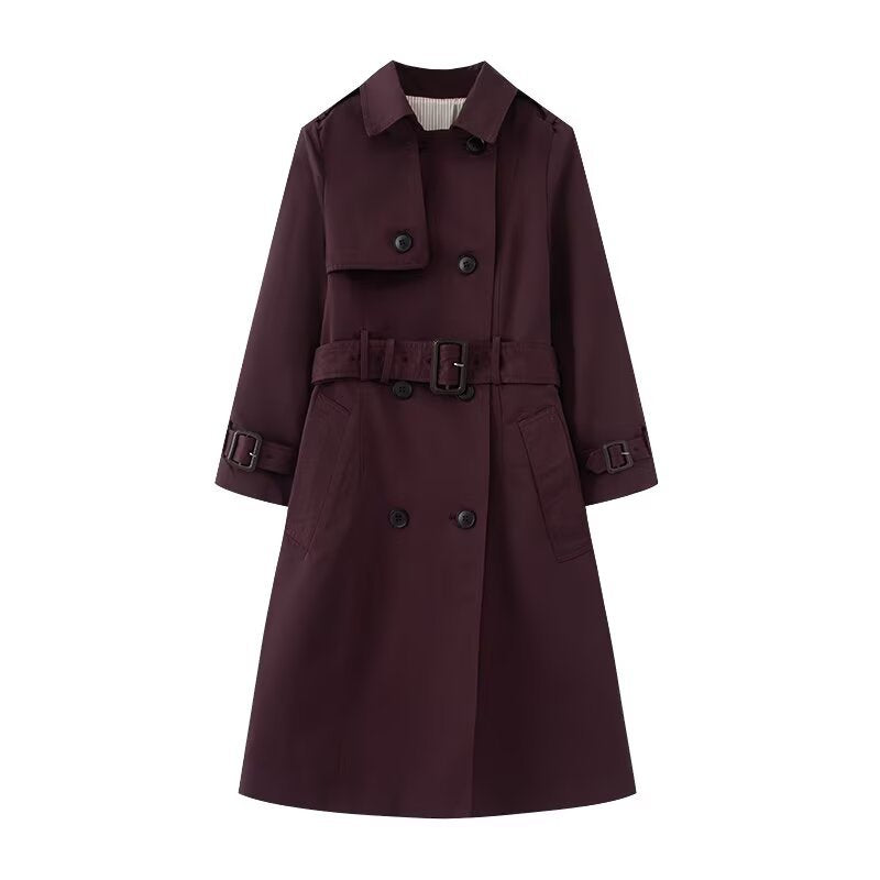 Dam Longer Skräddarsydd Trenchcoat med Dubbel-Breasted Knapplist, Midjebälte, och Ärm Tab