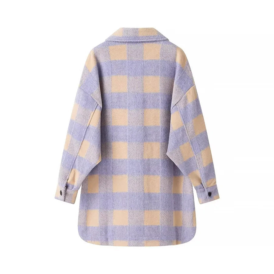 Dam oversize Checked Shacket med Patch bröstfickor och Rounded Hemline