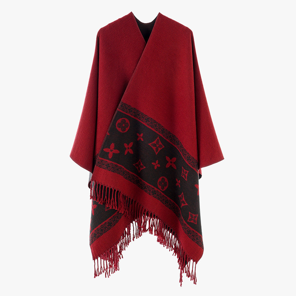 Dam oversized Rectangular poncho tillverkad av ullblandning med Woven Jacquard Border och Fringed fåll