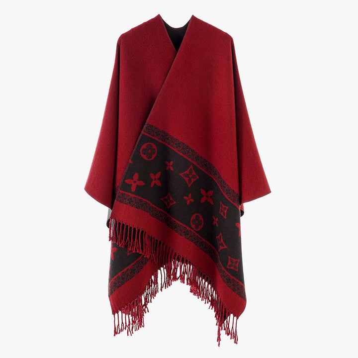 Dam oversized Rectangular poncho tillverkad av ullblandning med Woven Jacquard Border och Fringed fåll