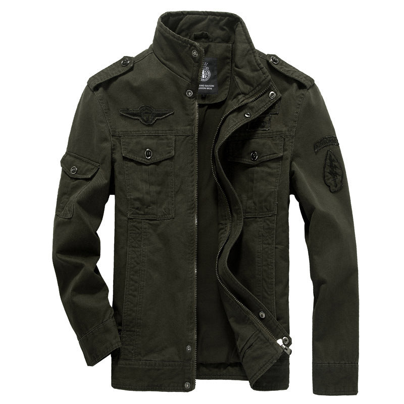 Herr Robust Canvas Fältjacka med Stående Krage, Axel Patches och Multifunctional Fickor