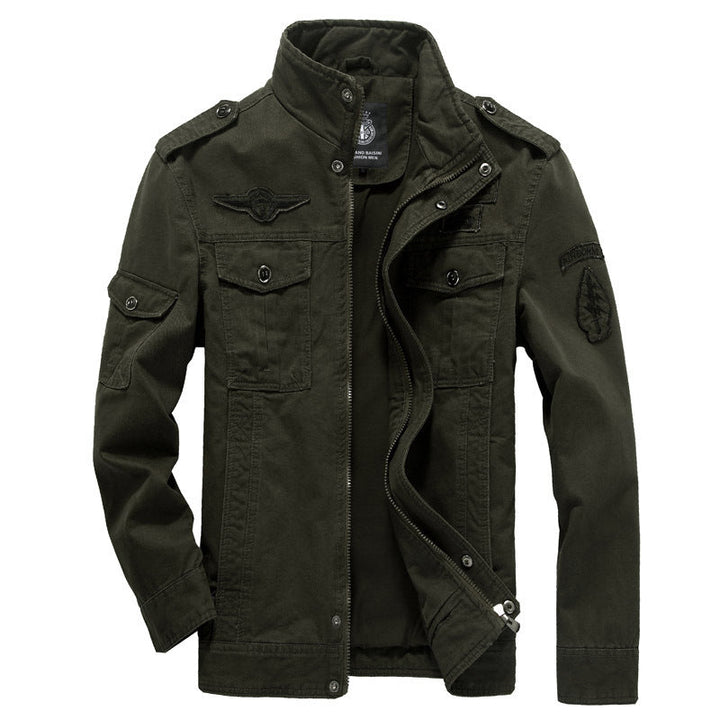 Herr Robust Canvas Fältjacka med Stående Krage, Axel Patches och Multifunctional Fickor