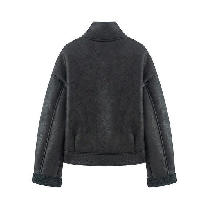 Dam kort lambskin look jacka med high ståkrage och buttoned front
