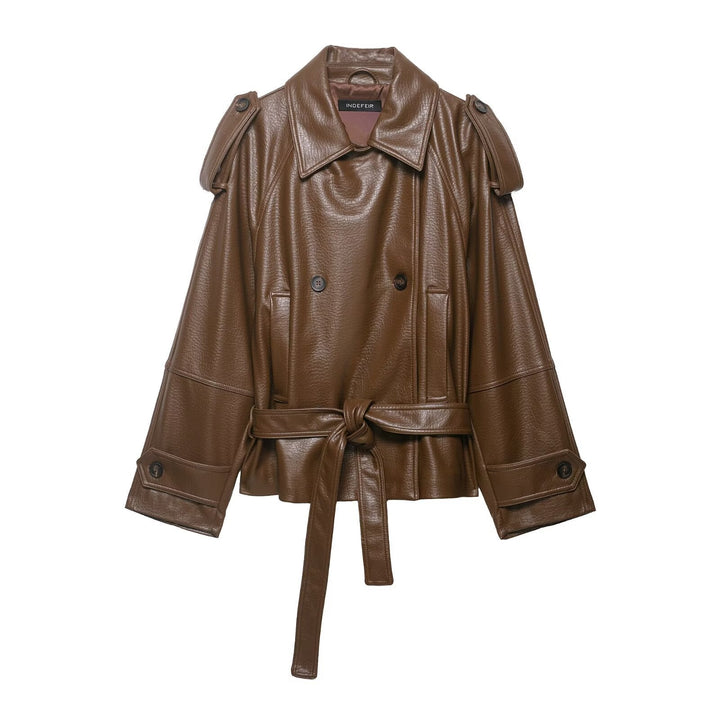 Dam läder trenchcoat med bälte, shoulder flaps och oversize krage
