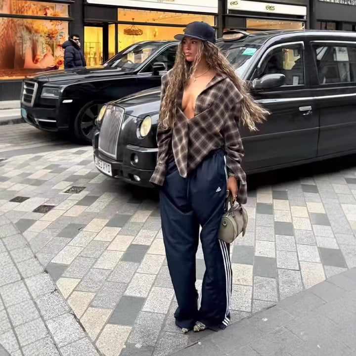 Dam Checked Oversize Skjortjacka med Pointed Nederkant