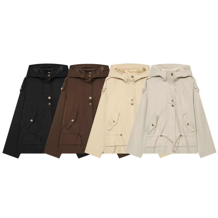 Dam Lätt Justerbar med Huva Parka med Drawstring, Lock Fickor och Knapp Knäppning