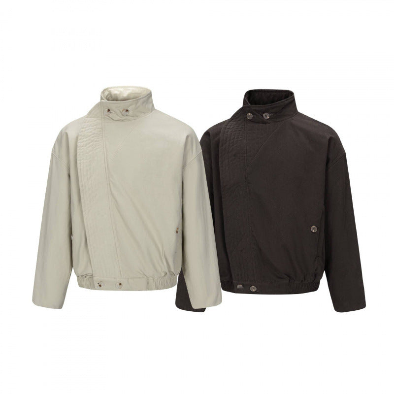 Herr Asymmetric Kort Jacka med ståkrage, quiltad Front Knäppslå och elastisk fåll