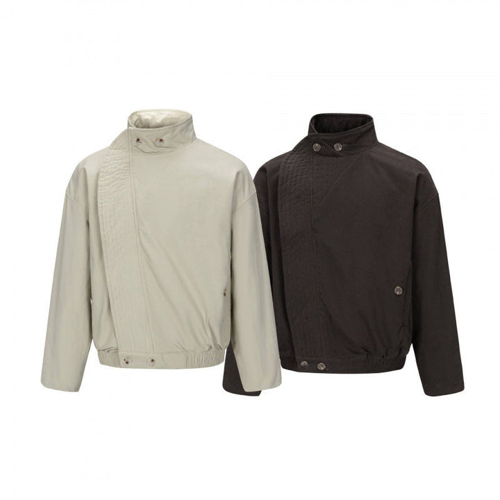 Herr Asymmetric Kort Jacka med ståkrage, quiltad Front Knäppslå och elastisk fåll