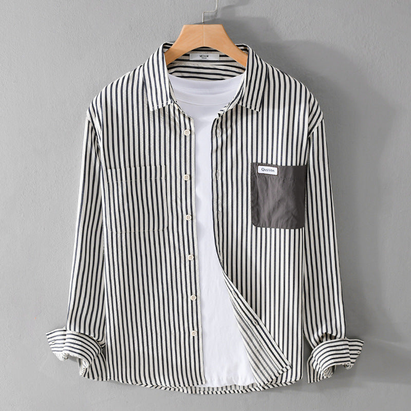 Herr Randig Lång Ärm Overshirt Tillverkad av Bomullsblandning med Contrasted Bröstficka