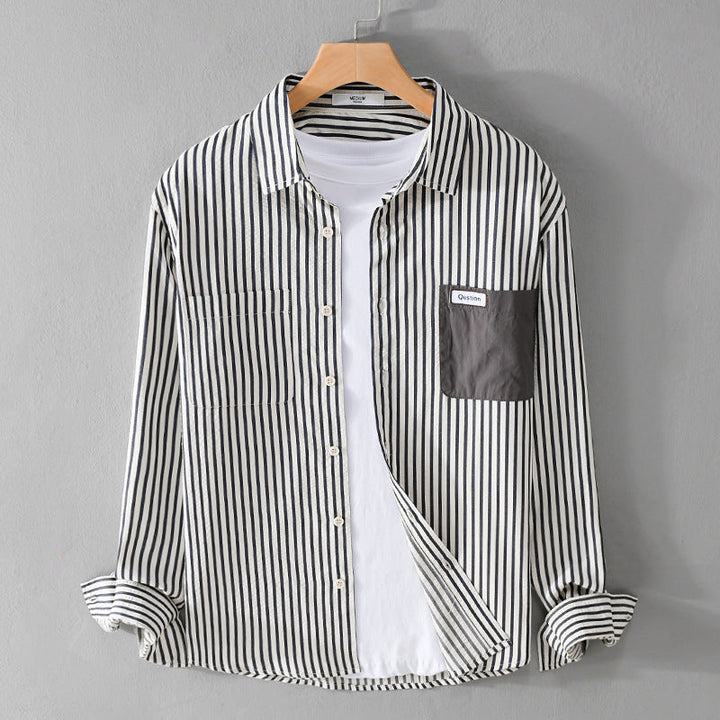 Herr Randig Lång Ärm Overshirt Tillverkad av Bomullsblandning med Contrasted Bröstficka